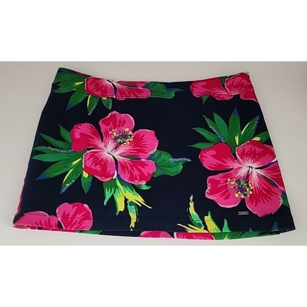 Hollister Floral Mini Skirt Womens 5 Navy Pink Hibiscus Sequin Y2K Style EXC